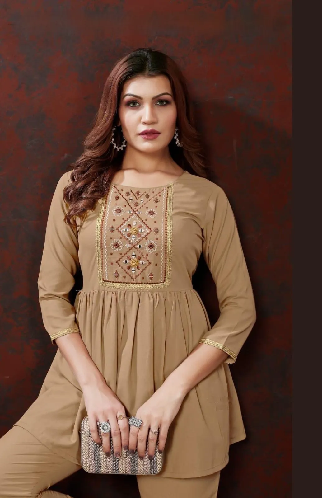 Beige Hand Embroidered Co-ord set